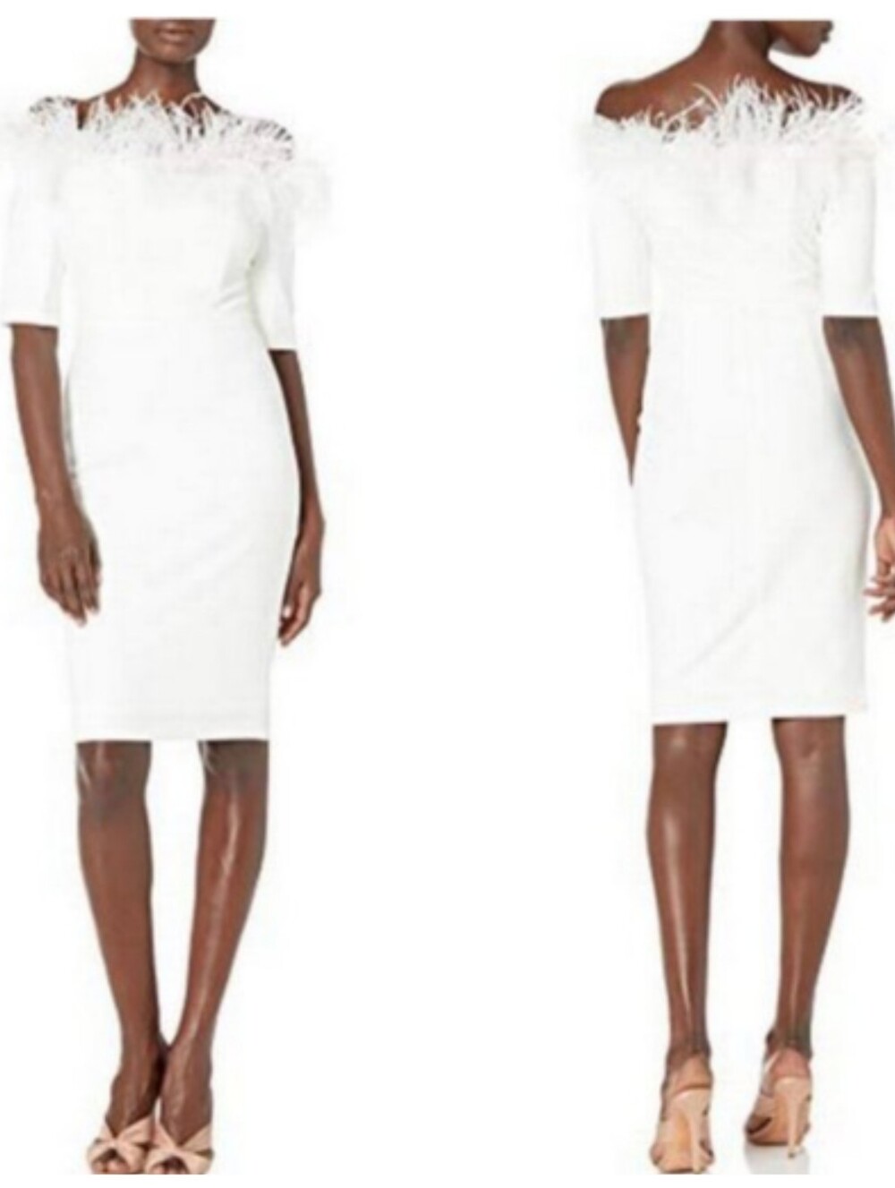 Calvin Klein White Feather Sheath Cocktail Dress Elbow Sleeve Off Shoulder 14